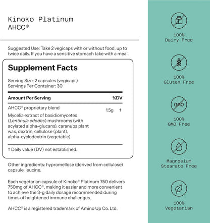 Quality of Life Kinoko Platinum AHCC With Acylated Alpha-Glucans 60 Capsules